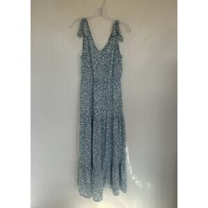 Sienna Sky Blue White Floral Ruffle Strappy Sleeveless V-Neck Maxi Dress S